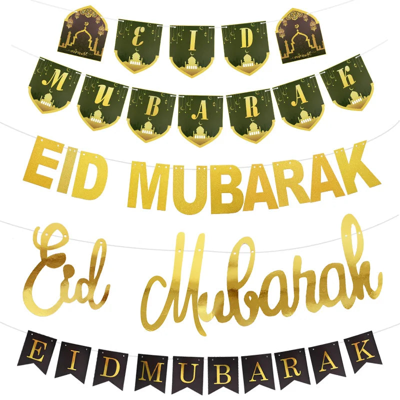 EID Mubarak Banner Glitter Star Moon Letter Paper Bunting Garland Islamic Muslim Party Ramadan Kareem Decorations for Home 2026