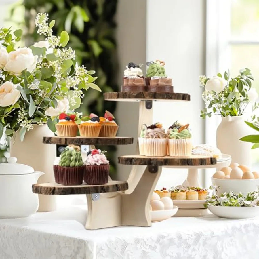 4 Tier Round Natural Wood Cupcake Dessert Stand Cup Cake Tower Stand Holder Wooden Cake Display Tiered Centerpiece for Party Bi