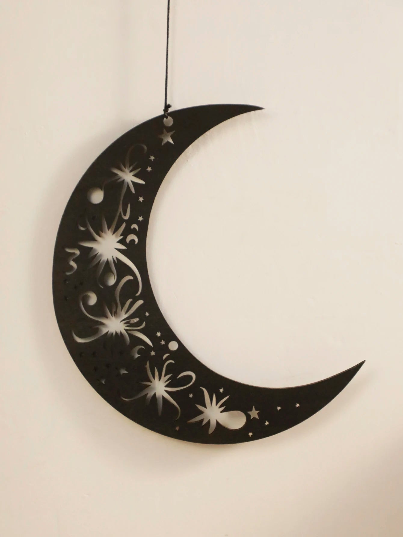 Wooden Wall Decor - Black Wooden Crescent Moon with Star Cutouts , Hanging Lanterns for Ramadan Eid, Islamic Festival Home Decor