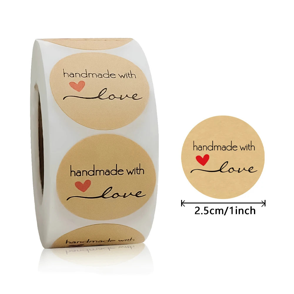 500pcs 1inch Handmade with Love Stickers Baking Kraft Paper Stickers Packaging Envelope Seals Wedding Birthday Party Gift Labels