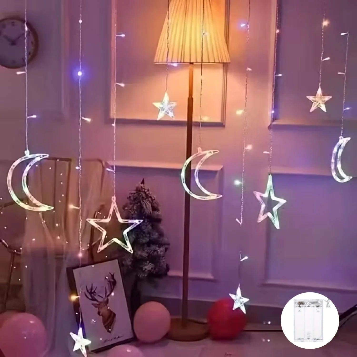 LED Star Moon String Light, Warm/Multicolor Christmas Garland Lamp, Battery Powered LED Curtain Fairy Lamp for Room & New Year Decor
