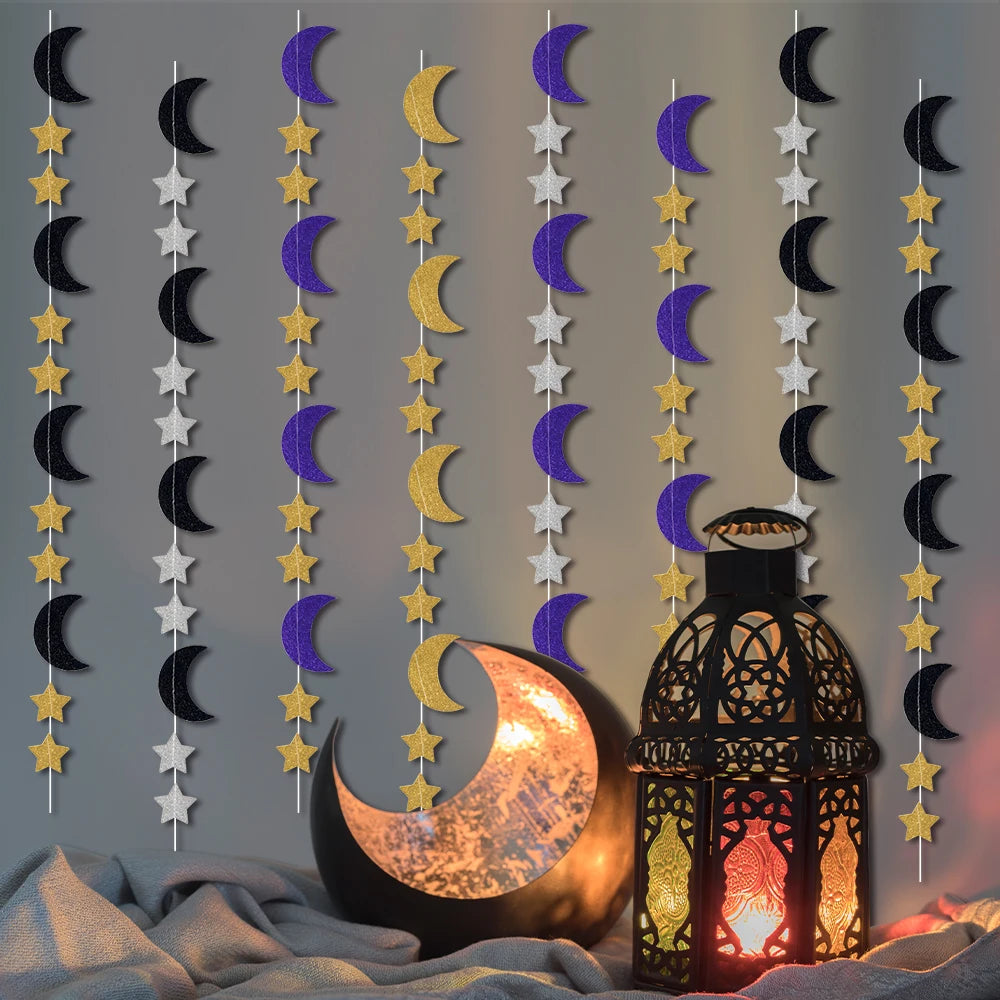 Glitter Gold Star Moon Banner Ramadan Paper Garland Hanging Decoration Ramadan Kareem Eid-al-fitr Islamic Eid Mubarak Decoration