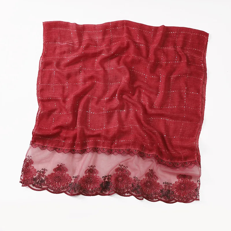 New Designers Lace Scarf Women Luxury Hijabs for Woman Bandana Shawl Veil Comfort Wear Paillette Embroidery Scarves Wrap Hijabs