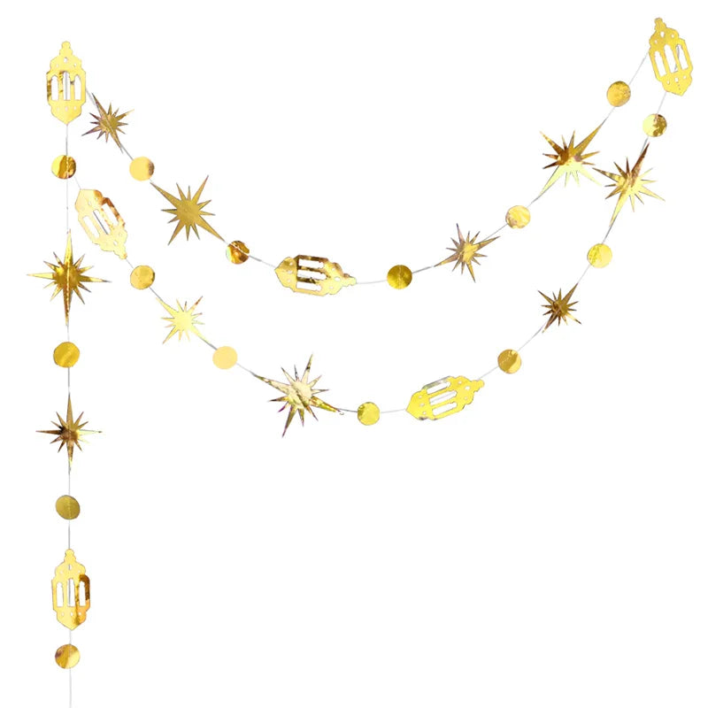 Gold Eid Mubarak Ramadan Decor Paper Star Moon Circle Dot Crescent Lamp Garland for Home Muslim Party Backdrop Banner Decoration