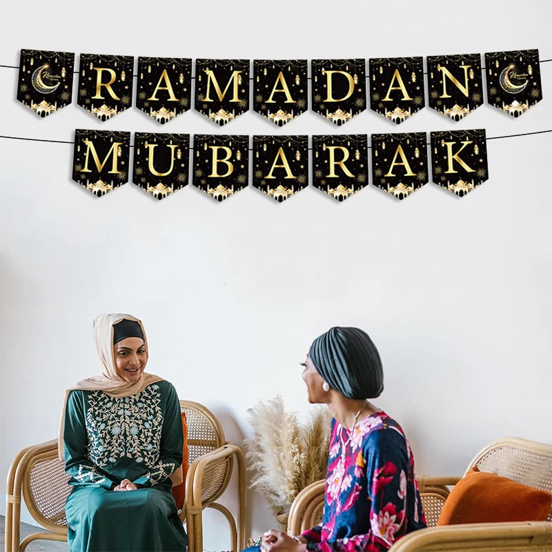 Ramadan Tableware Decorations Moon Star Party Supplies Hanging Cloth Eid Mubarak Banner Eid Plates Cups Tableware Decorations