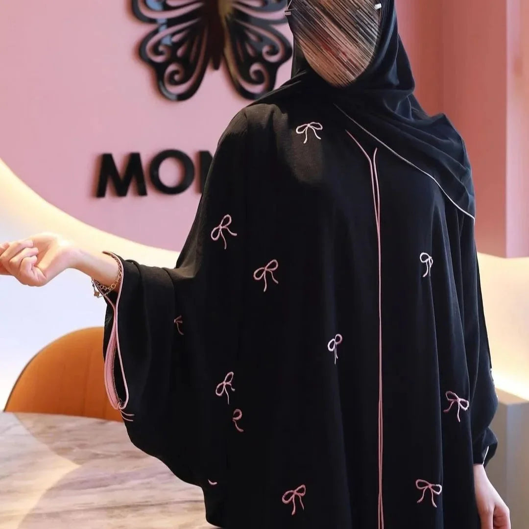 Arab Women Front Open Cardigan Scarf Burqa Islamic Bow Embroidery Robe Abaya Muslim Robe Ladies Loose Kaftan Clothing