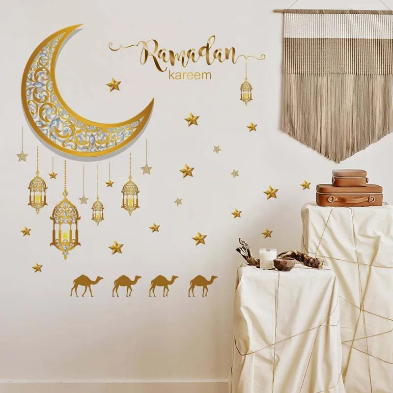 Ramadan Kareem Wall Stickers Moon Star Lantern Wall Decal 2024 Eid Mubarak Decorations for Home Muslim Islamic Party Decorations