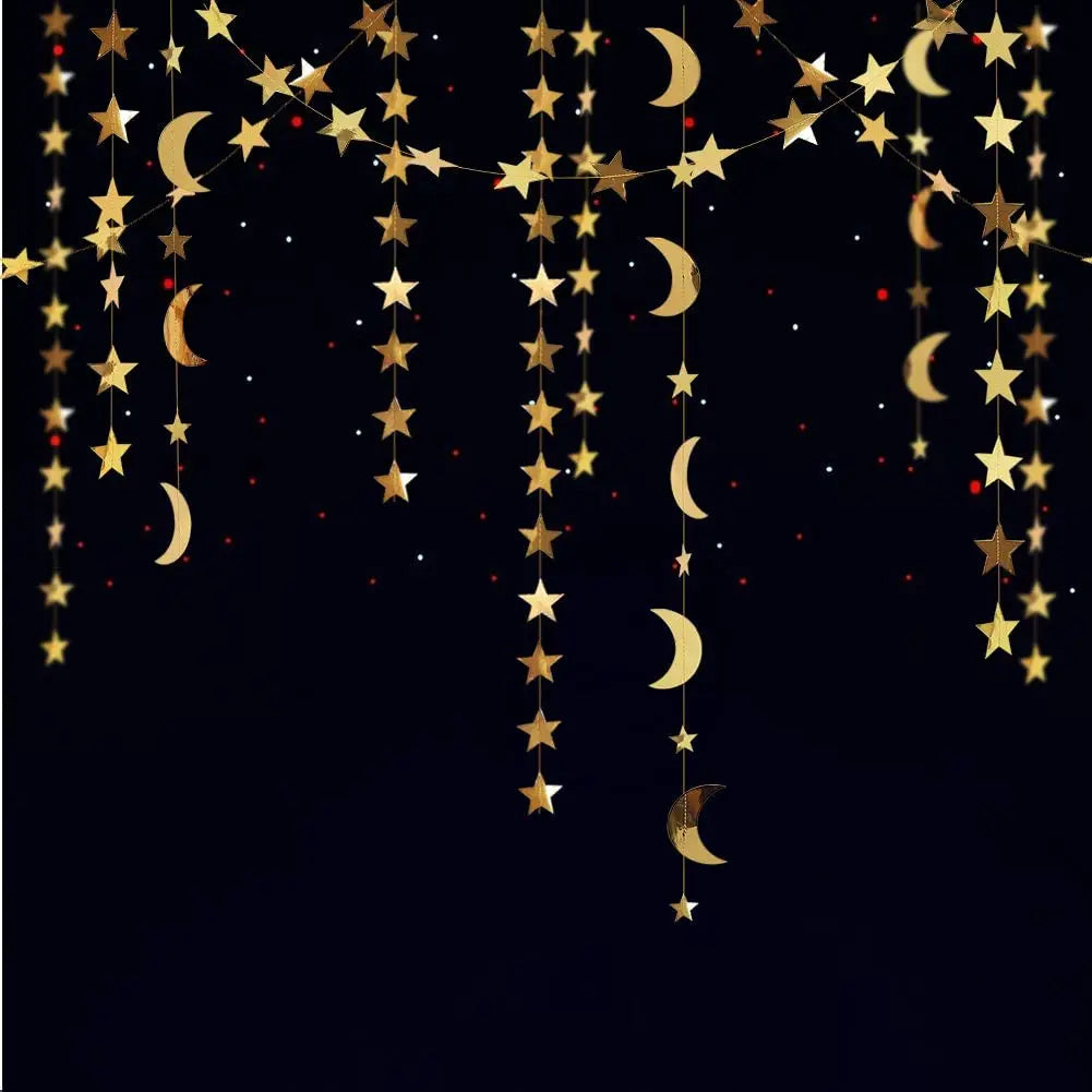 Gold Eid Mubarak Ramadan Decor Paper Star Moon Circle Dot Crescent Lamp Garland for Home Muslim Party Backdrop Banner Decoration