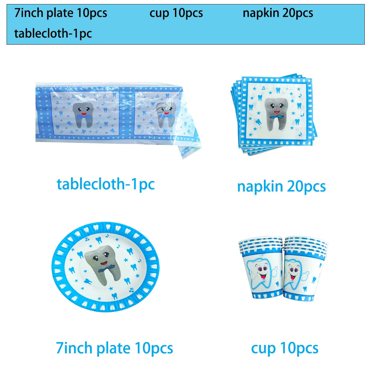 Blue My First Tooth Theme Birthday Party Decorations Disposable Tableware Balloon Banner Cake Toppers Kid Boys Baby Shower Gifts
