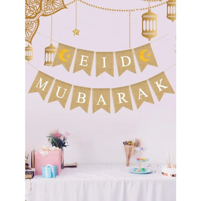 1set linen Eid Mubarak Banner Ramadan Kareem Banners Eid al-Fitr Decorations Star Moon Eid Mubarak Decorations Banners