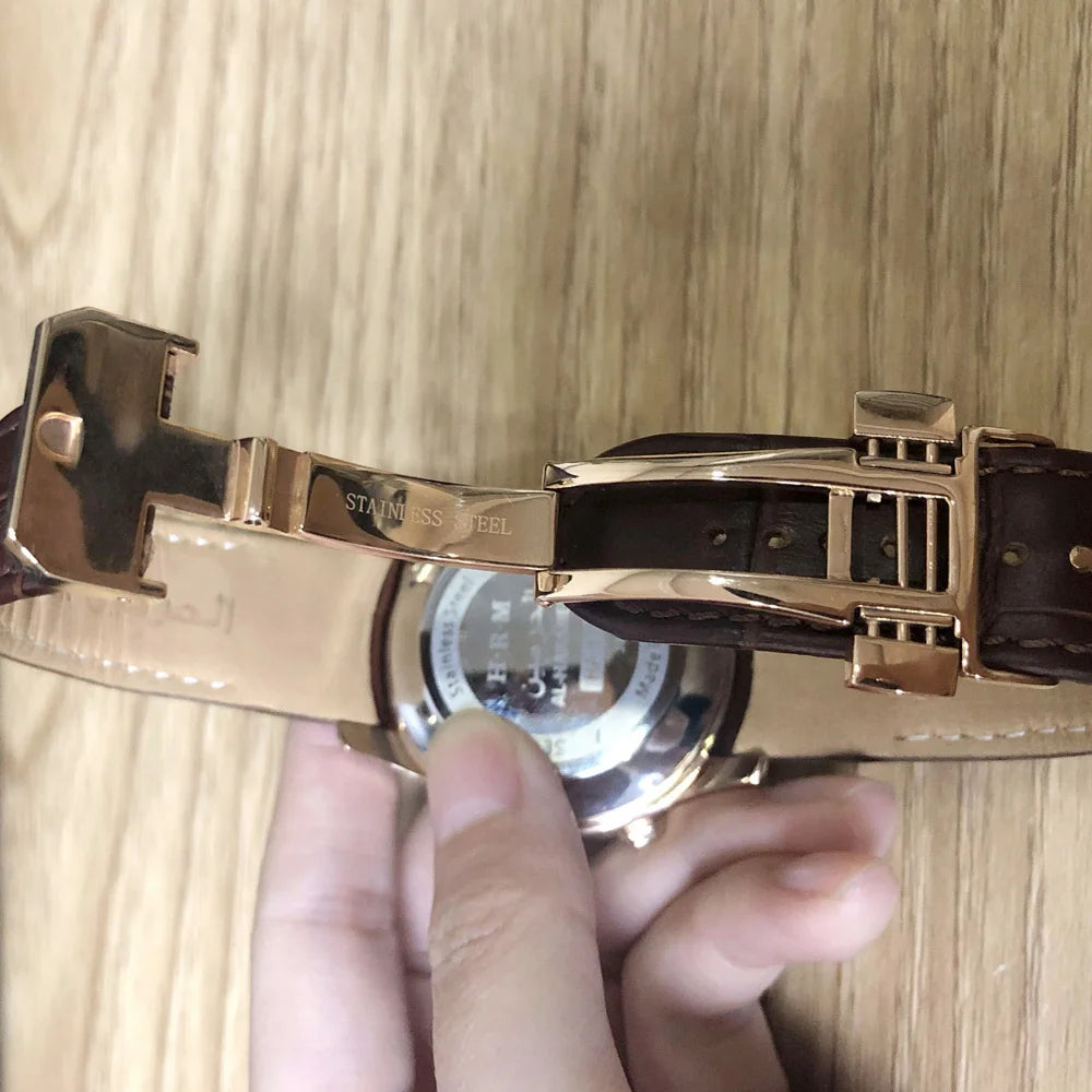 Muslim Watch with Alfajr Azan Time Iqamah Alarm for All Prayers English Arabic Language Saphire Genuine Leather Ramadan Gift