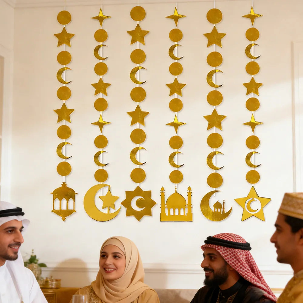 Gold Star Crescent Castle Hanging Garland - Ramadan Eid Party Decor - Moon Festival Streamer Ornament