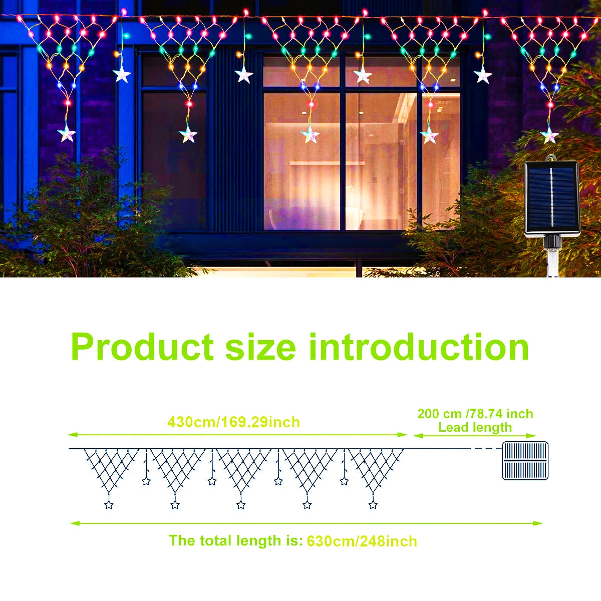 Solar Christmas Decorative String Light LED Pentagram Ice Strip Curtain Lights, 8 Modes, Outdoor Waterproof Garden Eave Decorative