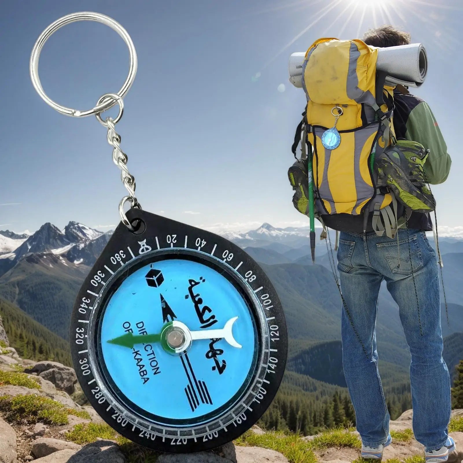 Multi-Functional Travel Compass Keychain with Qibla Direction for Prayer, Outdoor Adventure Tool for Mountaineering Backpacking