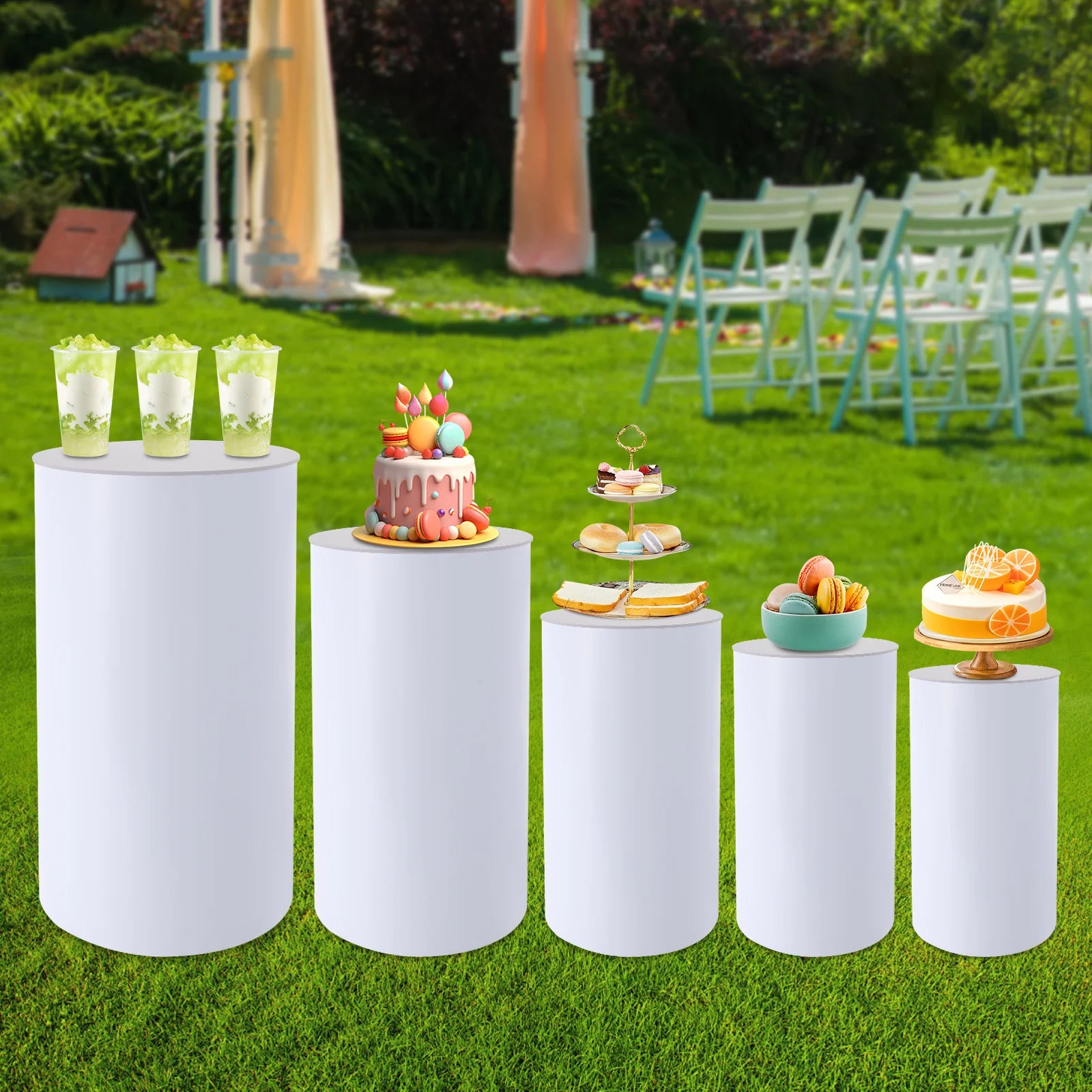 5PCS Round Cylinder Dessert Cake Ornament Table White PVC Round Cylinder Pedestal Stand  Cake Display Stand for Party Wedding