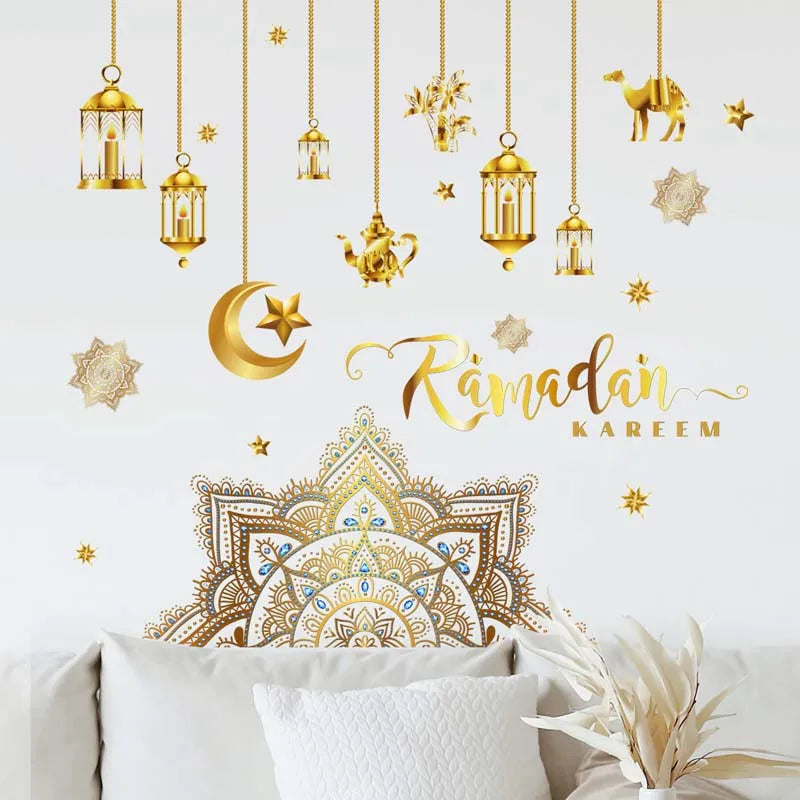 Ramadan Kareem Wall Stickers Moon Star Lantern Wall Decal 2024 Eid Mubarak Decorations for Home Muslim Islamic Party Decorations