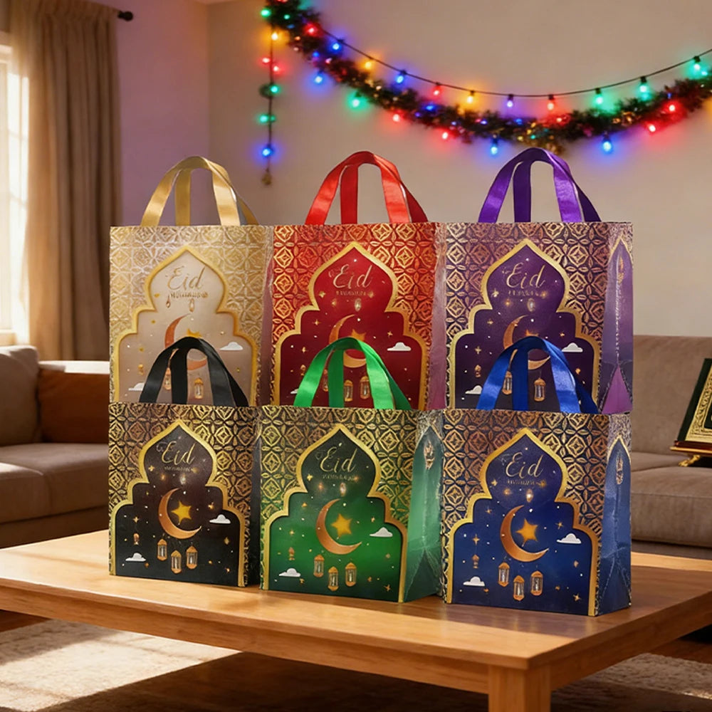 6/12pcs Eid Mubarak Non-Woven Gift Bags with Handle Ramadan Gift Packaging Bag Ramadan Kareem Decor Islamic Festival Party Favor
