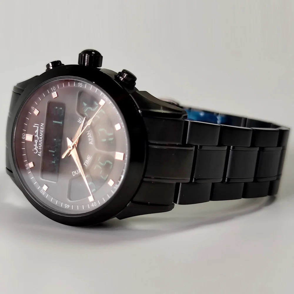 AL Harameen 6102FBB Azan Watch Islamic Prayer Alarm time for all Muslim Man's Stainless Steel Business Watch