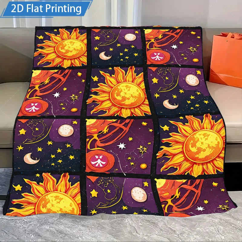 1pc Flannel Blanket Cosmic Sun Moon Stars Printed Fleece Blanket for Cozy Living Room or Bedroom Decor