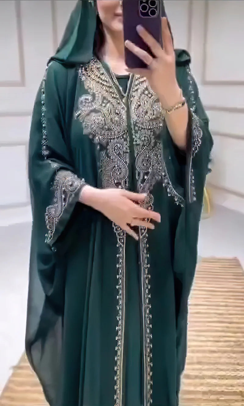 Eid Muslim Dress for Women – Hooded 2-Piece Diamond Jalabiya Kaftan