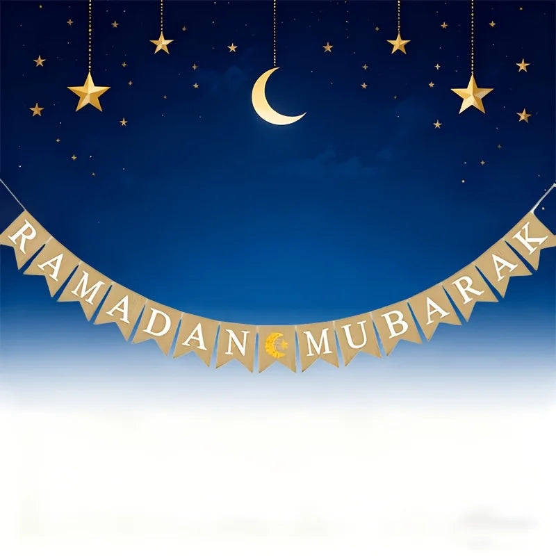 Eid Mubarak Linen Banner Garland Moon Star Hanging Ornaments Islamic Muslim for Home Ramadan Decoration Festival Party Supplies