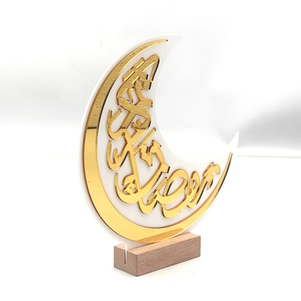 Ramadan Elegant White & Gold Crescent Moon Acrylic Decoration  Eid Calligraphy Moon Table Stand Ramadan Party Home Decorations