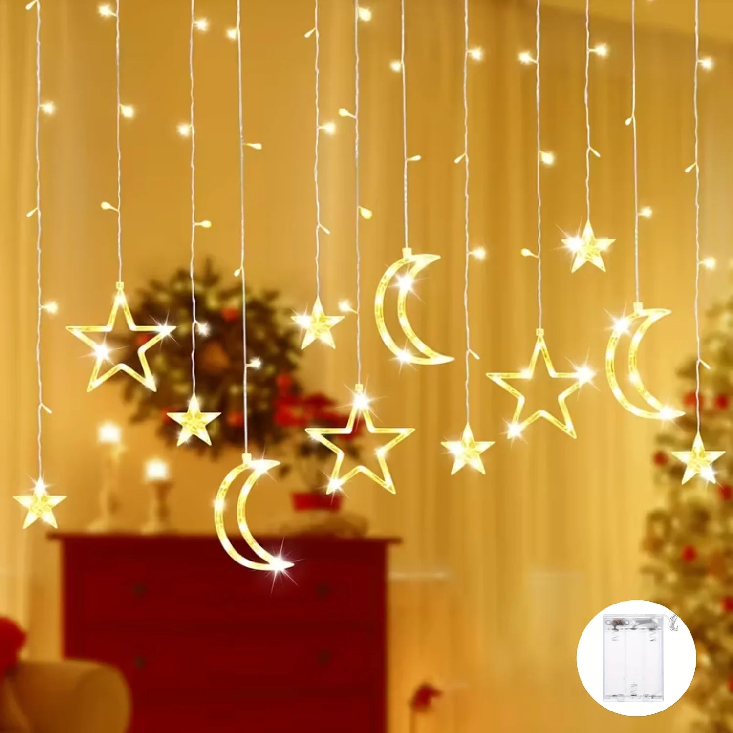 LED Star Moon String Light, Warm/Multicolor Christmas Garland Lamp, Battery Powered LED Curtain Fairy Lamp for Room & New Year Decor