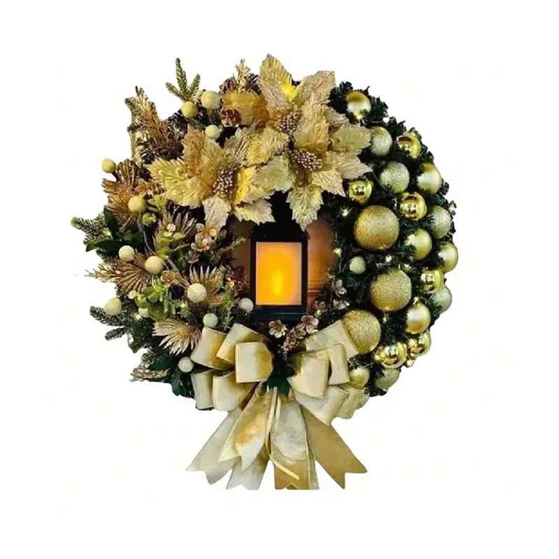 30cm Christmas Wreath With Lantern Front Door Garland With Large Bow Seasonal Ornament Christmas Decoration For Front Door Wall