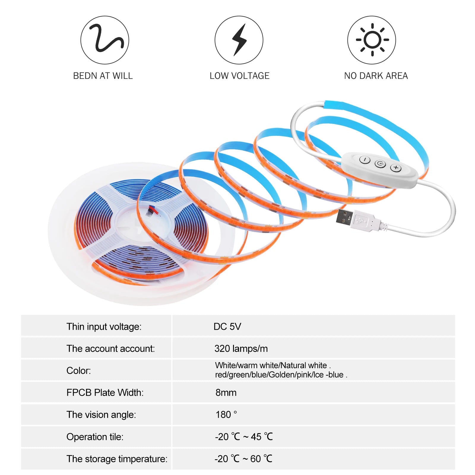 5V COB LED Light Strip With Touch Dimmer/ON OFF Switch/3Key Dimmer 320LEDs/M High Density LED Lamp Room Bar TV Backlight 9Colors