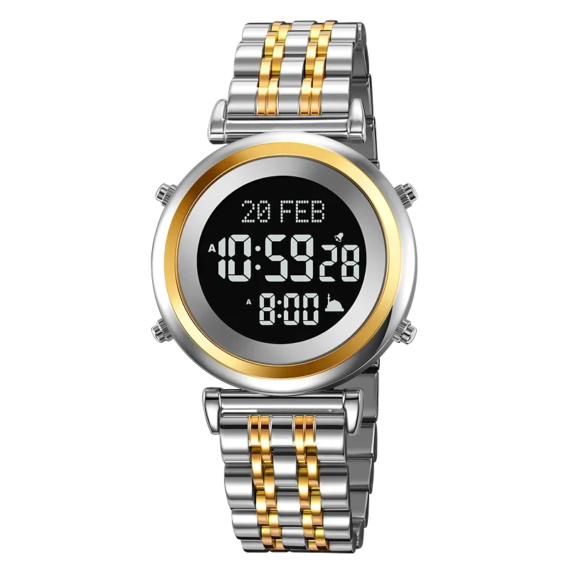 Muslim Azan Digital Watch Mens Back Light Waterproof Steel Hijri Islamic Wristwatch Prayer Qibla Compass Alarm Clock