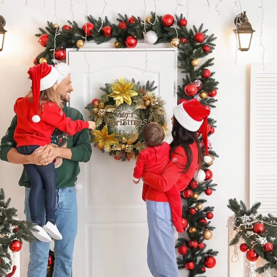 Artificial Merry Christmas Wreath with Bow Christmas Door Hanging Rattan Ornament Garland Christmas Suitable for Home Decoration