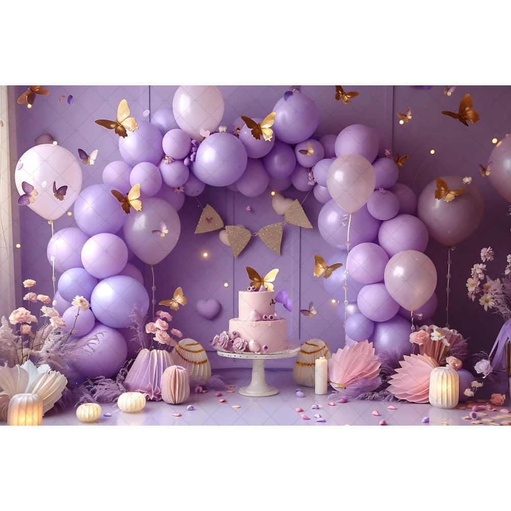 Birthday Photographic Backgrounds Baby Shooting Props Butterfly Purple Balloons Backdrops Photography Room Decorations Photozone
