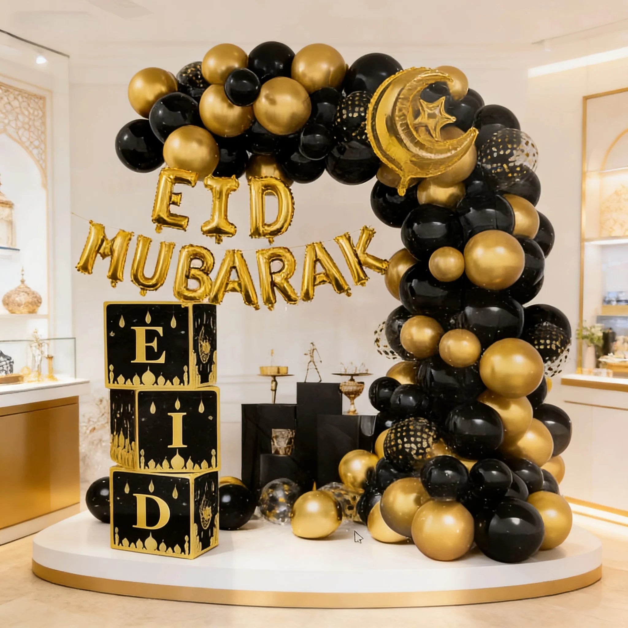 72-Piece Eid Balloon Arch Kit - Black and Gold Moon and Star Balloons, Festive Ramadan Decorations, Suitable for Muslim Party Backdrops
