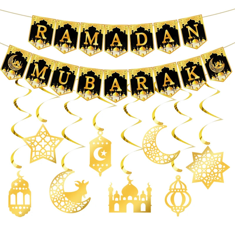 Eid Mubarak Paper Banner Garland 2026 Ramadan Moon Star Mosque Hanging Swirl Home Decoration Ornaments Islamic Muslim Party Gift