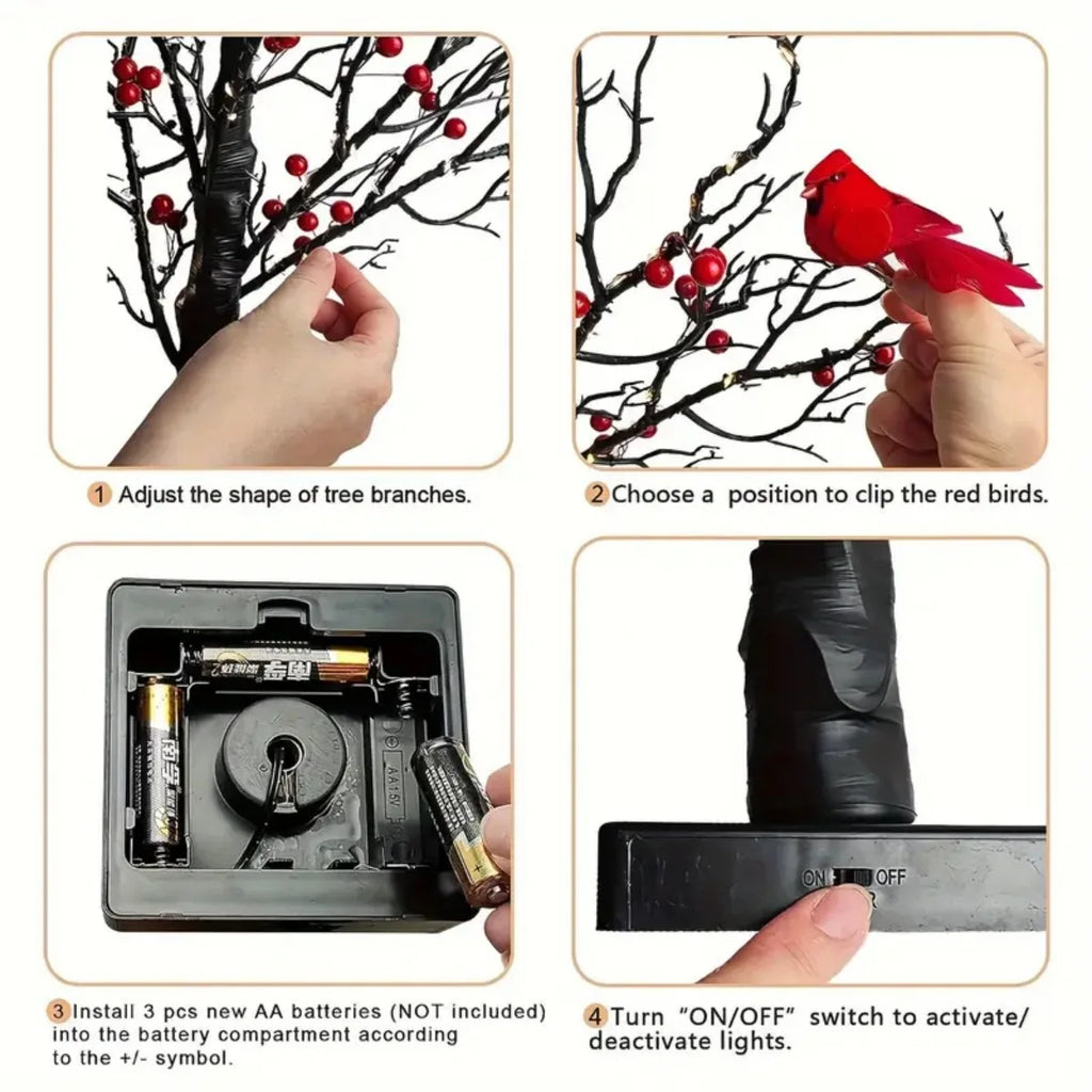 1pc 60 LED Black Artificial Birch Lighting With Red Berry And Bird Parrots Battery Operated Tabletop Mini Artificial Tree Lamp