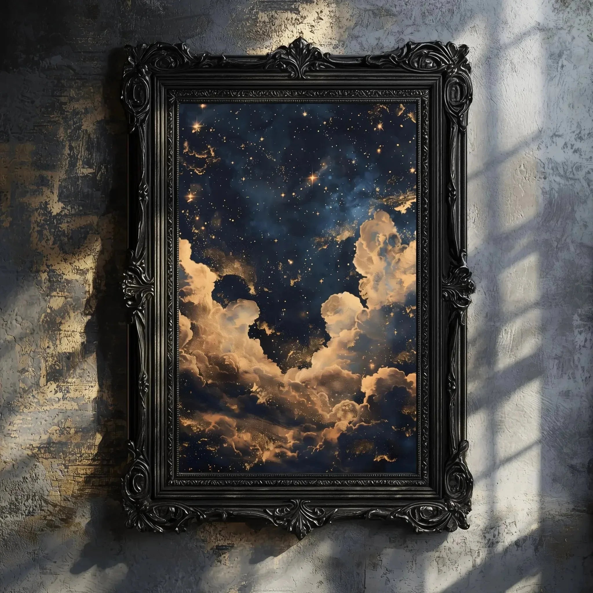 1pc Crescent Moon in Starry Night Sky Folk Art Floral Moon Stars Canvas Print Eclectic Decor Vintage Nature Wall Art Moody Decor