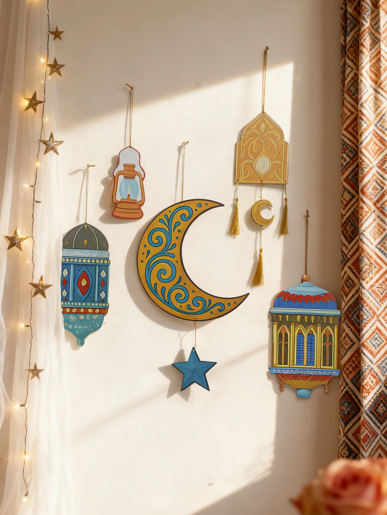 Islamic Ramadan Wall Decor Moon Star Lantern Tassel Ornament for Eid Mubarak Kareem Muslim Festival Home Hanging Decoration Gift