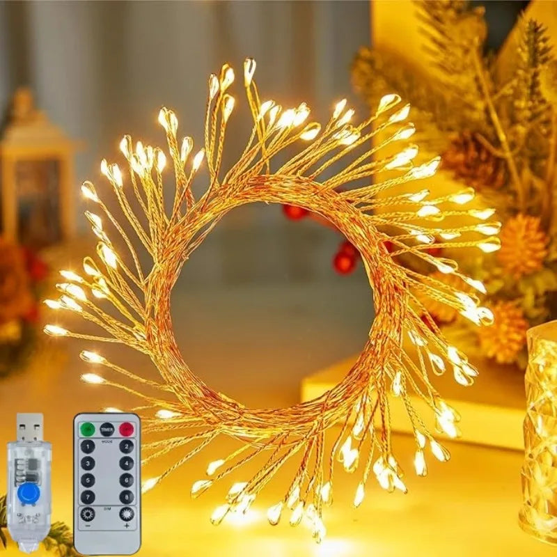LED USB Firecracker Twinkle Lights with Remote Silver Wire Cluster String Light Fairy Lights for Party Wedding Christmas Decor
