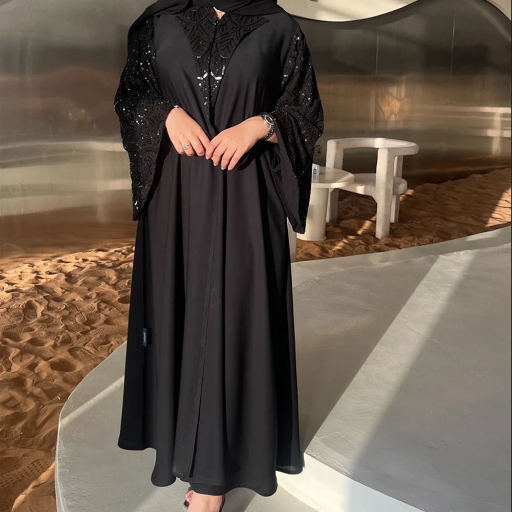 2025 Ramadan Black Beaded Abaya with Hijab – Luxury Dubai Muslim Dress