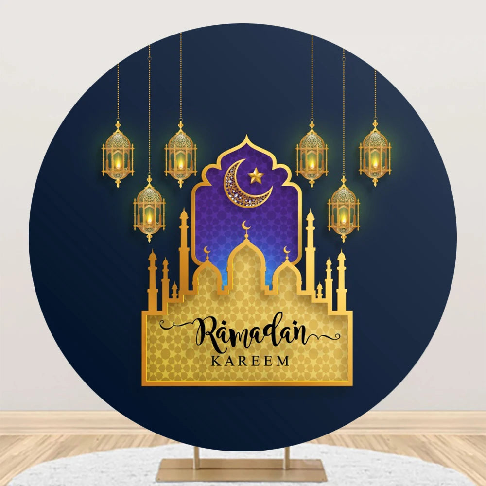 Eid al Fitr Mubarak Round Backdrop Cover Arab Ramadan Karim Golden Moon Star Cloud Lantern Party Decor Banner Photo Stall Props