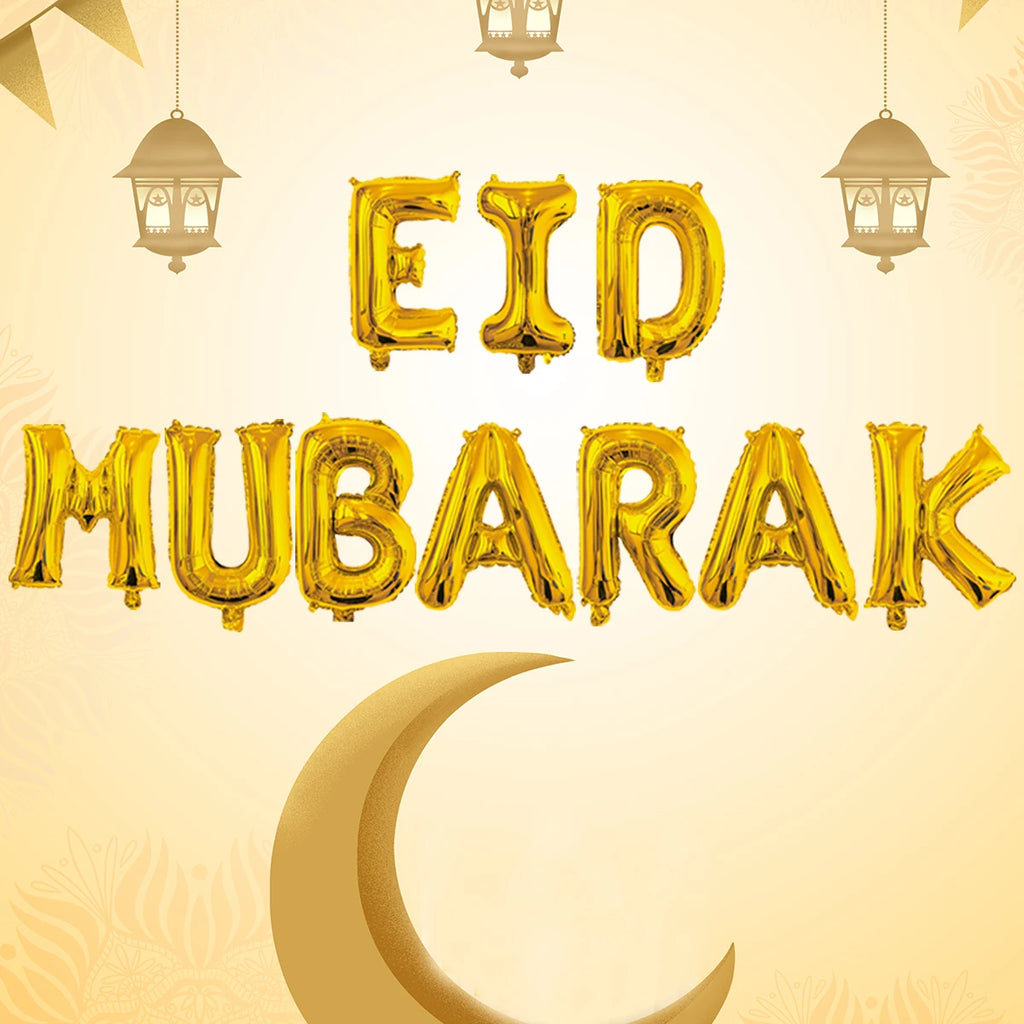 11pcs 16 inch Eid Mubarak Letter Balloons set with Ribbon Ramadan Eid al-Fitr Eid Mubarak Decorations Air Balloons Banner