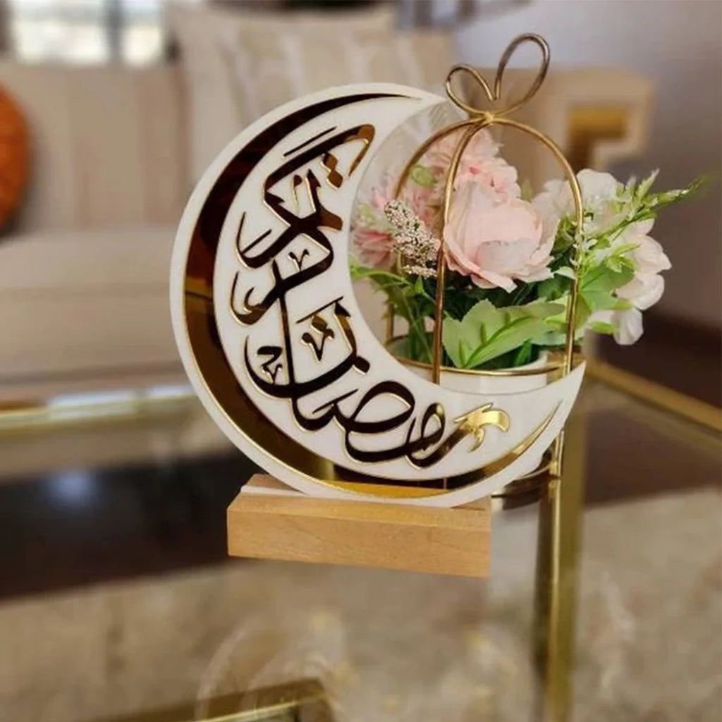 Ramadan Elegant White & Gold Crescent Moon Acrylic Decoration  Eid Calligraphy Moon Table Stand Ramadan Party Home Decorations