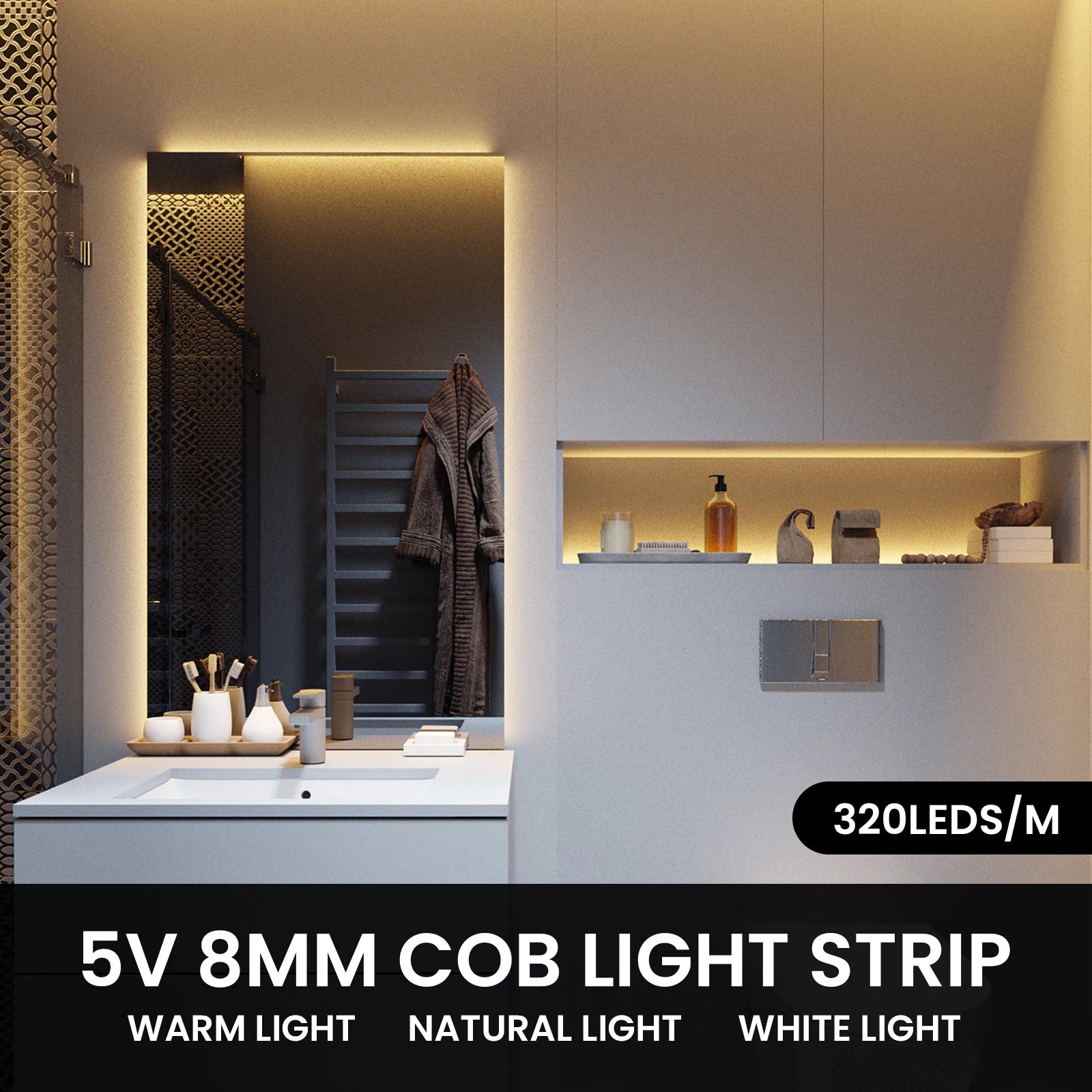 AA Battery Box 5V COB LED Strip 3MM 5MM 8MM 320LEDs/M High Density Flexible RA90 3000K 4000K 6000K FOB Tape Rope Night Lights
