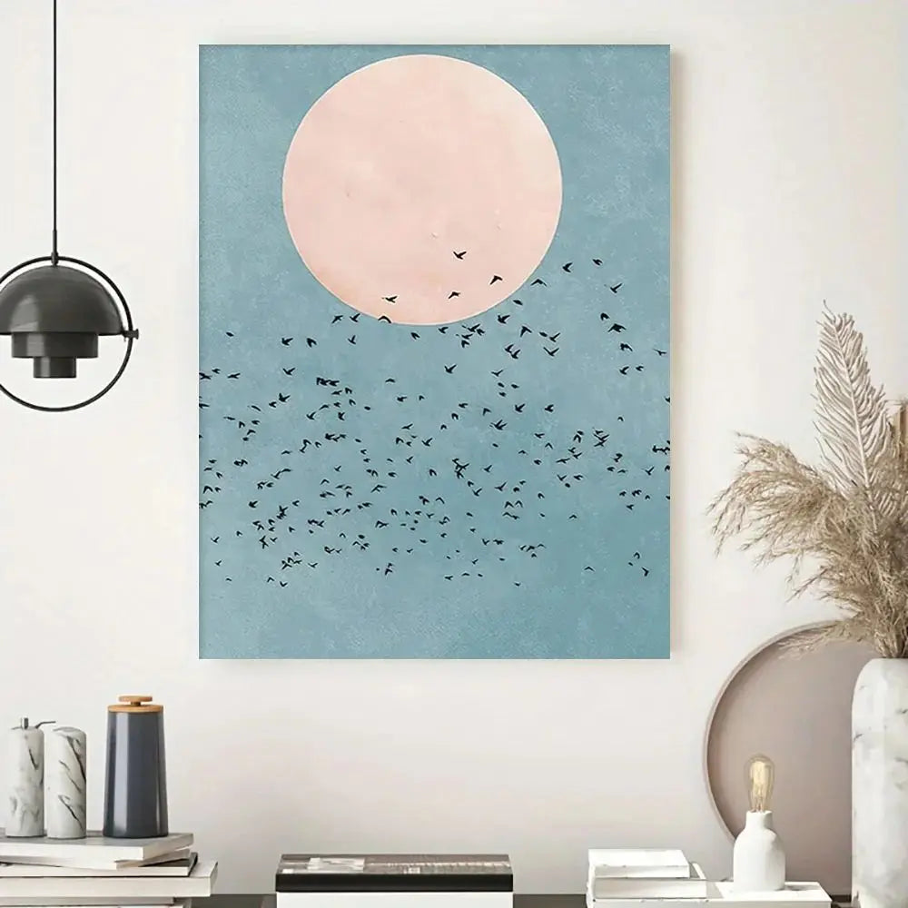 Abstract Moon Flying Birds, HD Canvas Printed Poster, Home Living Room Bedroom Decorative Painting
