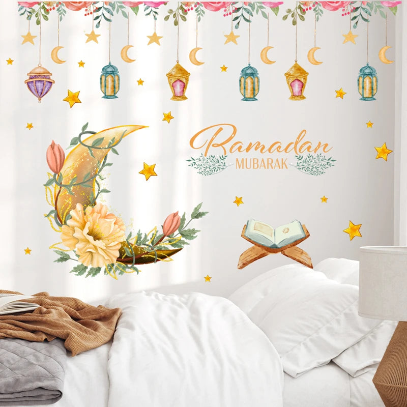 2025 Ramadan Mubarak Window Sticker EID Mubarak Moon Star Wall Stickers for Home Decoration Islamic Muslim Party Supplies Gifts