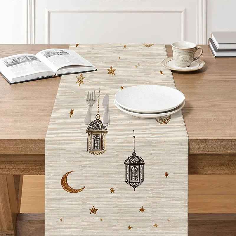 Ramadan Star Lantern Table Runner for Eid Mubarak Home Dining Table Decoration 2026 Islamic Muslim Party Polyester Table Runner