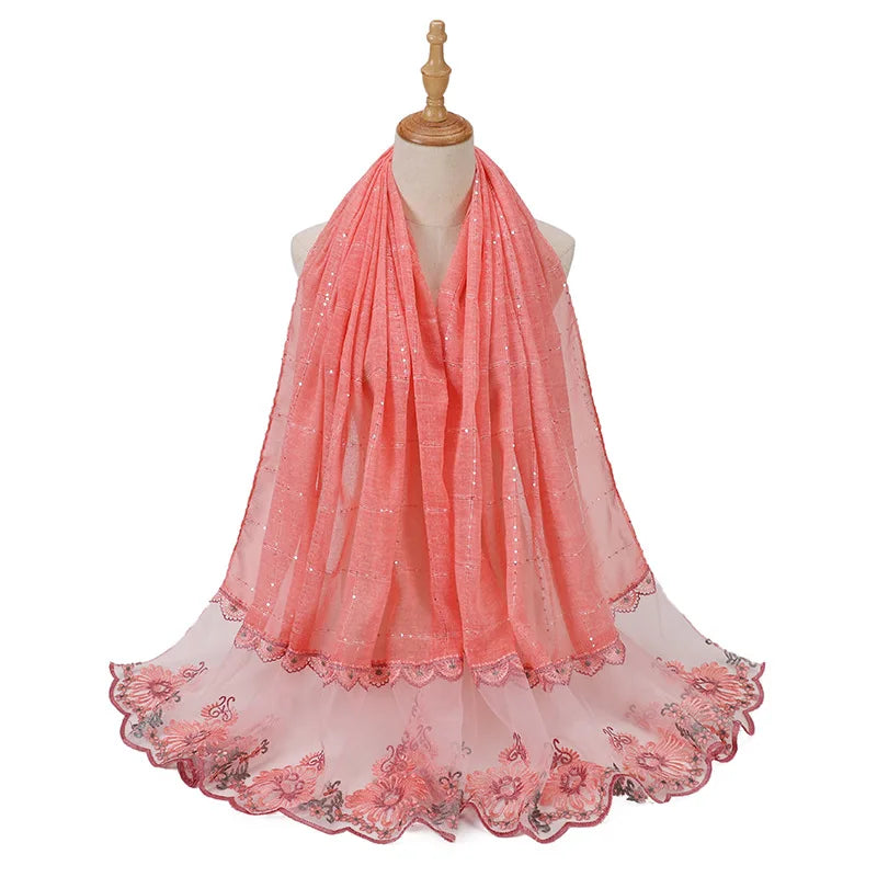 New Designers Lace Scarf Women Luxury Hijabs for Woman Bandana Shawl Veil Comfort Wear Paillette Embroidery Scarves Wrap Hijabs