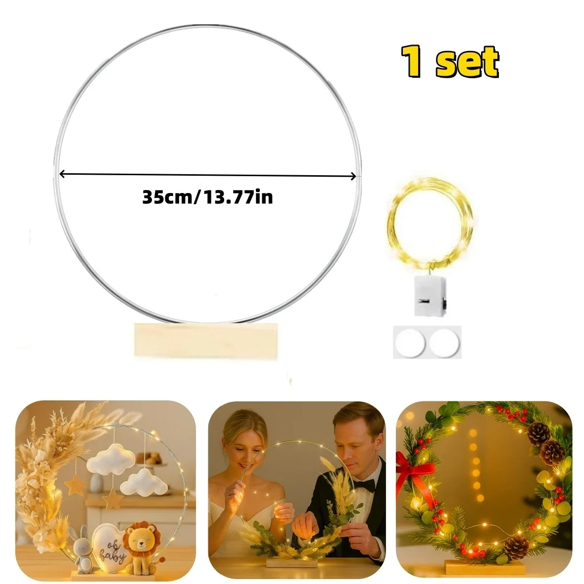 1/5/10PCS DIY Christmas Wreath with LED Lights Stand Party Metal Floral Hoop Centerpiece Table Decor Wedding Dream Catcher Rings