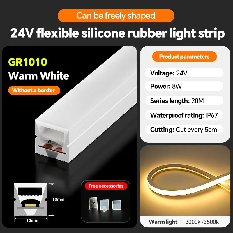 LED silicone light strip, linear light strip, embedded, 24V, waterproof, flexible, curved shape light