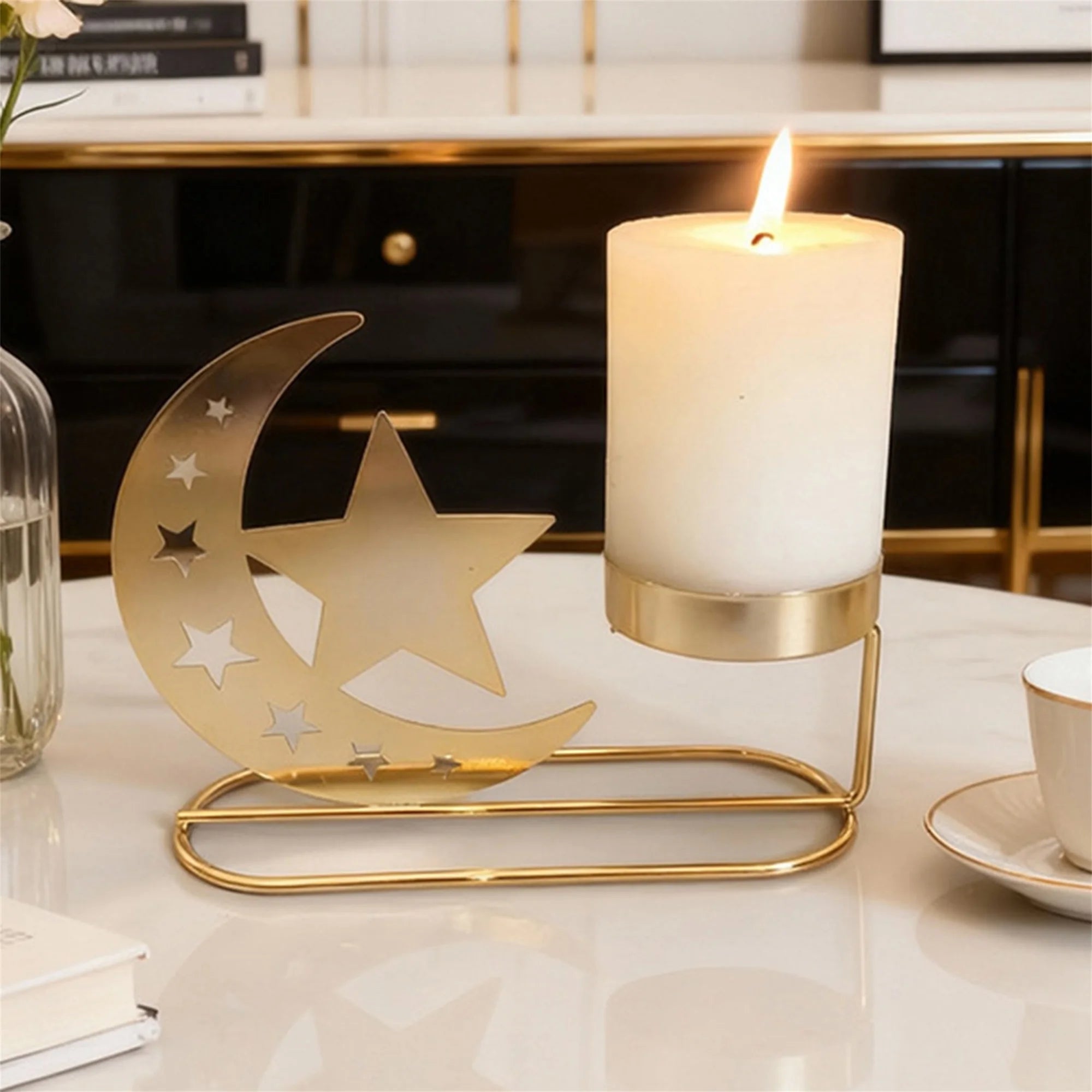 Elegant Ramadan Crescent Moon Candle Holders Set with Eid Mubarak Table Centerpiece for Home Decor and Festive Patio Display